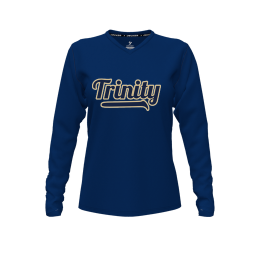 [CUS-DFW-TEES-CMF-VNK-LSL-NVY-FYXS-LOGO2] Comfort T-Shirt (Female Youth XS, Navy, V Neck, Logo 2, Long Sleeve)