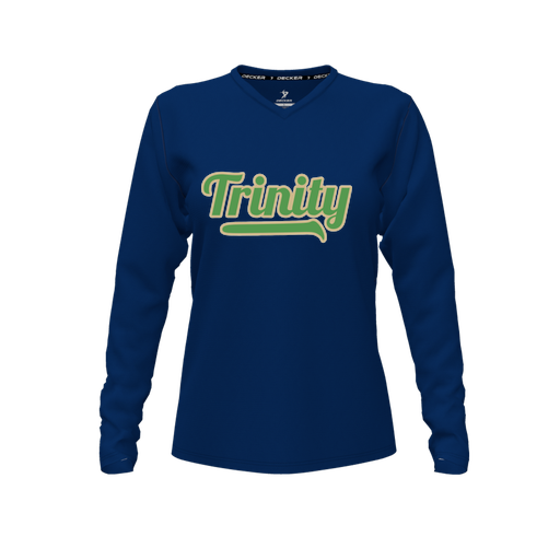 [CUS-DFW-TEES-CMF-VNK-LSL-NVY-FYXS-LOGO3] Decker Comfort T-Shirt (Female Youth XS, Navy, V Neck, Logo 3, Long Sleeve)